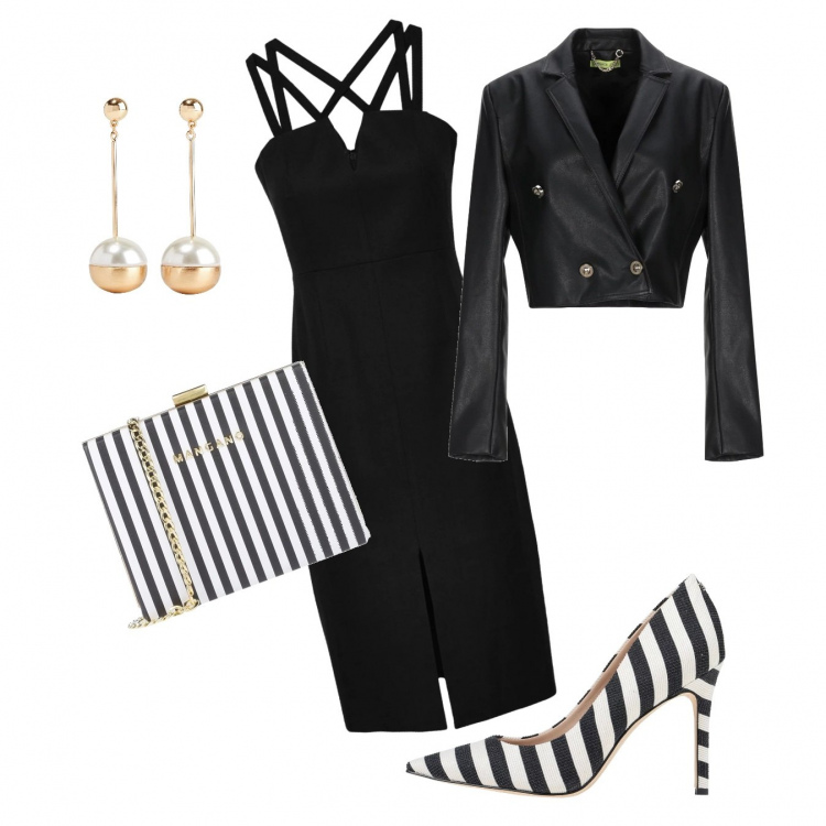 Outfit femme - Rayée en robe. Style Chic pour Soirée dehors. Assortir avec robes, vestes, blazers et manteaux, chaussures à talon, sacs à main, colliers et pendantifs.
