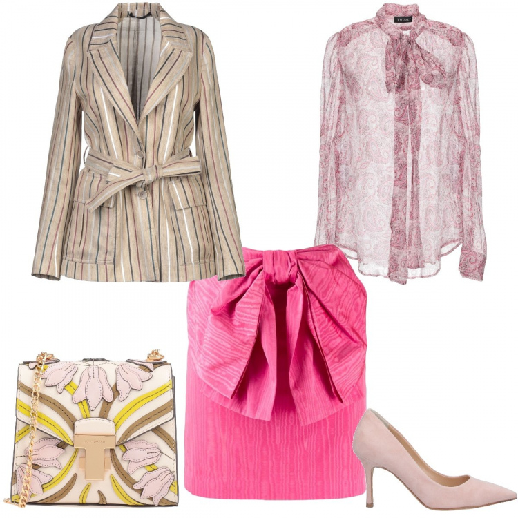 Outfit donna - Trend:Fiocchieverywhere. Stile Bon Ton per Serata fuori. Abbinamento con camicie, décolleté, borsa a tracolla, blazer, gonna.