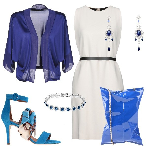 Outfit donna - Tubino+clutch. Stile Bon Ton per Cerimonia. Abbinamento con sandali con tacco, coprispalle senza tasche scollatura profonda a maniche corte crêpe, vestiti corti, borse a mano, orecchini, bracciale blu.