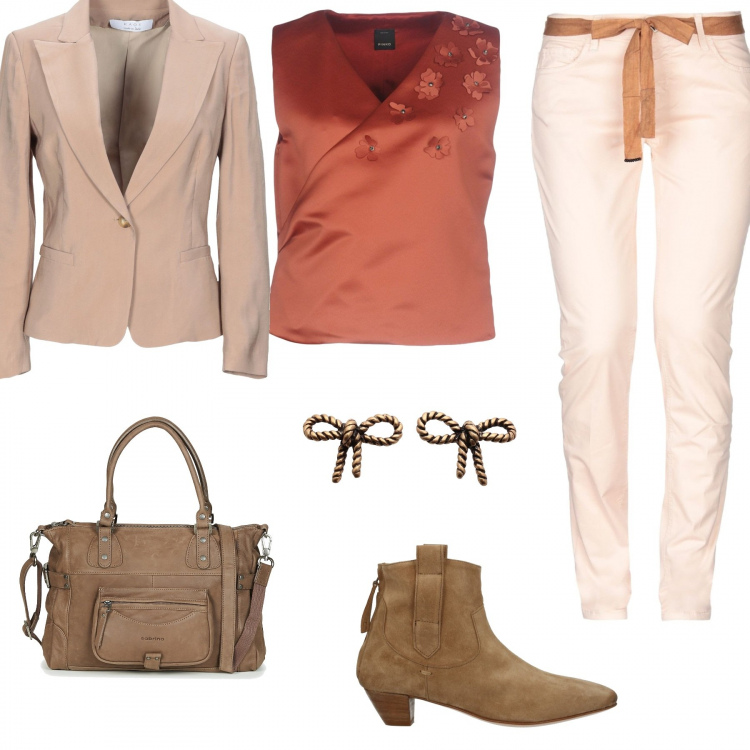 Outfit mujer - Bon Ton #3025. Estilo Bon Ton para Todos los días. Combinación con borsa a mano beige, pantalone, botas y anfibios con cubano, top con strass in raso, pendientes, giacca.