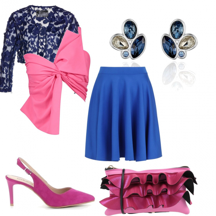 Outfit donna - Look Gaultier. Stile Trendy per Serata fuori. Abbinamento con bolero con pizzo blu, borse a mano, top, gonna, scarpa, orecchini blu.