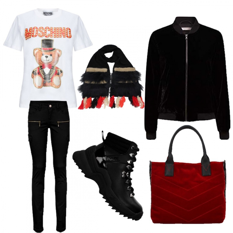 Outfit donna - L\'orsetto. Stile Trendy per Scuola/Università. Abbinamento con pantaloni cargo, t-shirt, borsa a mano, stivaletti, sciarpa, blazer.
