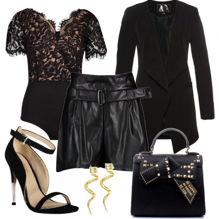 Outfit donna - Una Serata con Jean Paul Gaultier. Stile Trendy per Serata fuori. Abbinamento con blazer, body, shorts, borse a mano, sandali, orecchini farfallina.