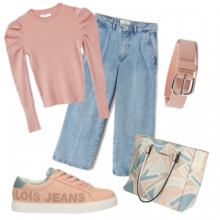Outfit donna - A tinta unita. Stile Basic per Tutti i giorni. Abbinamento con jeans a culottes in denim con tasche blu, maglia, cinture, shopping bag, sneakers.