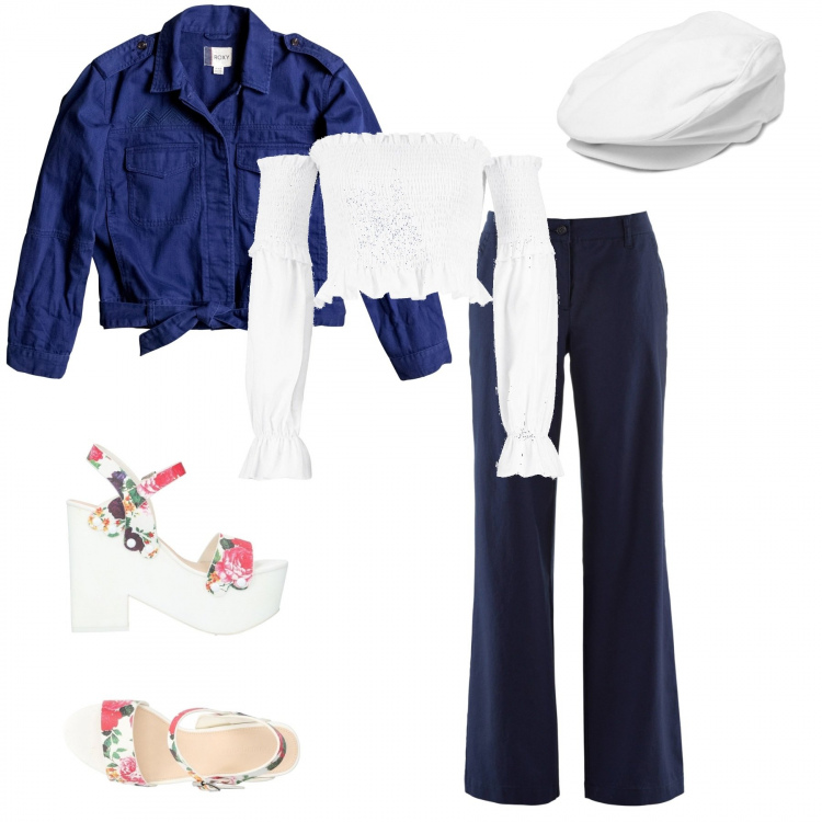 Outfit donna - GaultierTribute. Stile Trendy per Tutti i giorni. Abbinamento con sandali in pelle, pantaloni, top con volant e scollo crop bianco, giacca in denim blu, cappelli.