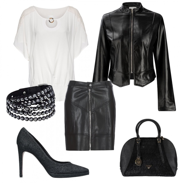 Outfit donna - Come la Marcuzzi. Stile Rock per Serata fuori. Abbinamento con bluse, décolleté, minigonne, blazer, zaini, bracciale.