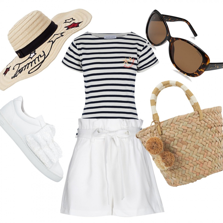 Outfit mujer - Día de playa. Estilo Basic para Mar. Combinación con gafas de sol, sombreros, shorts, top jersey, borsa a tracolla, sneakers.