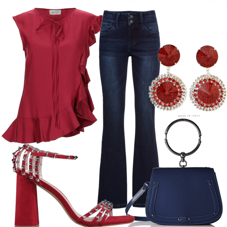 Outfit donna - Dettagli di rosso. Stile Trendy per Tutti i giorni. Abbinamento con jeans bootcut, top con ruches collo tondo senza maniche con laccetti tinta unita, sandali col tacco, orecchini, borse a spalla.