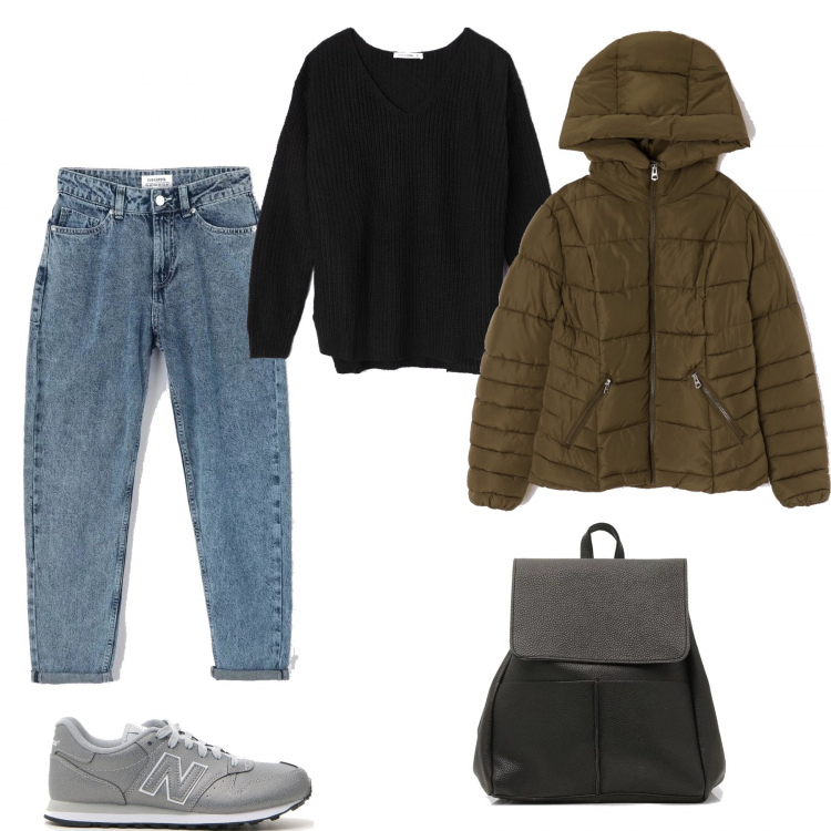 Outfit donna - Maglia nera tinta unita. Stile Basic per Scuola/Università. Abbinamento con jeans mom, maglione nero, piumino, zaino, sneakers.