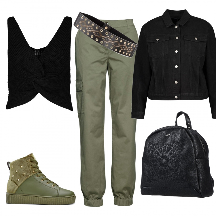 Outfit donna - Urban curvy. Stile Urban per Tutti i giorni. Abbinamento con pantaloni cargo, maglieria, cintura, borsa, top, giacca in denim nero.