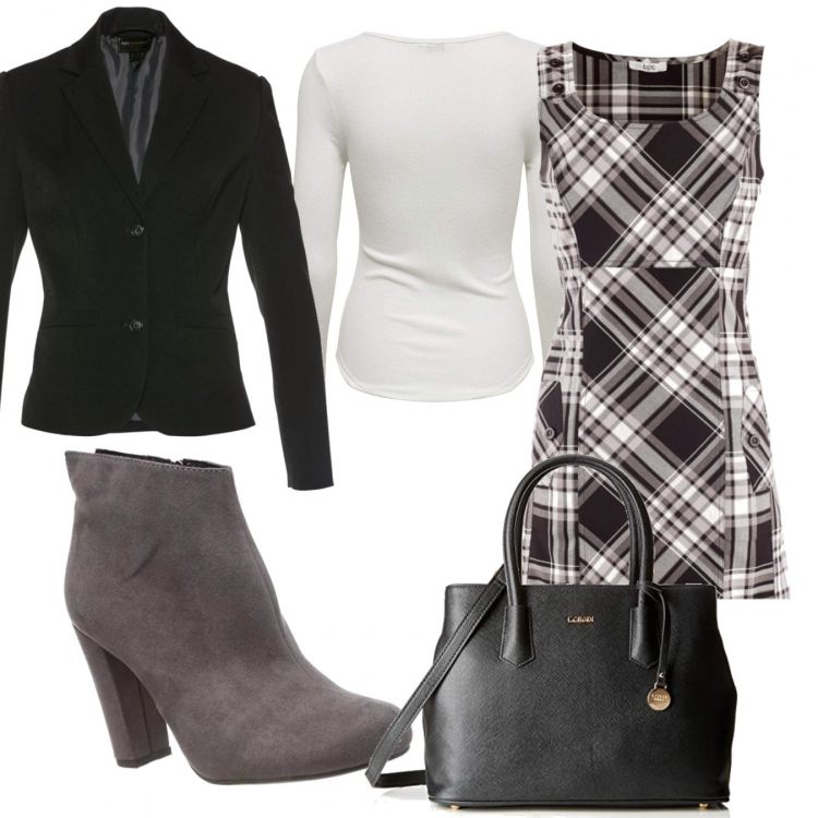 Outfit donna - Il tubino tartan. Stile Trendy per Tutti i giorni. Abbinamento con vestiti, blazer, stivaletti, t-shirt, borsa a spalla.