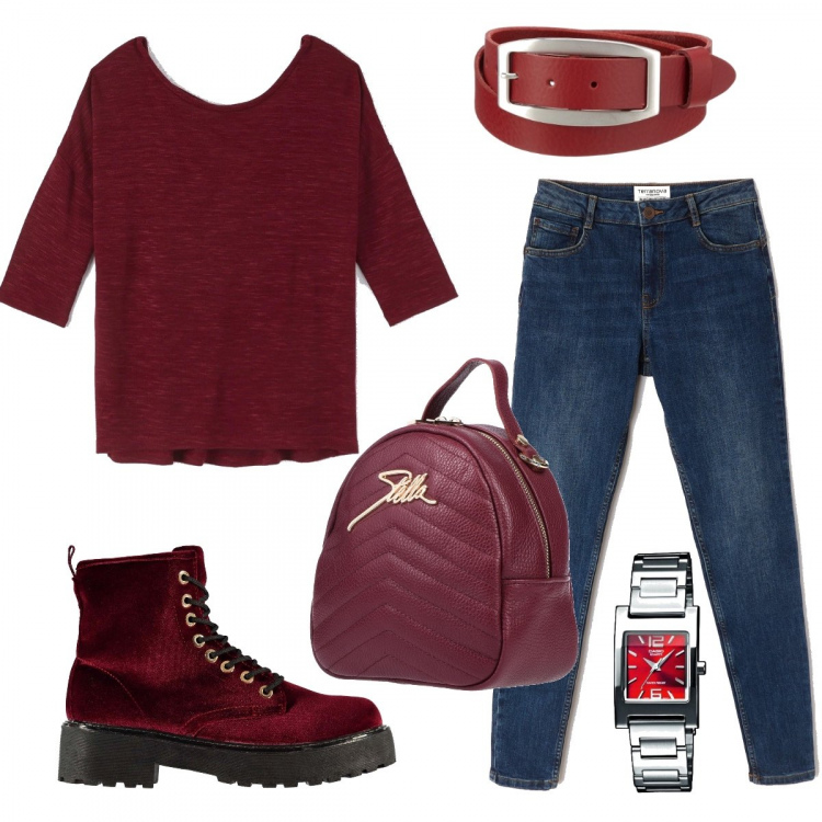 Outfit donna - Maglia comanda colore. Stile Basic per Tutti i giorni. Abbinamento con borsa, maglia, jeans skinny in denim blu, orologio analogico con cinturino in acciaio inox, scarponcini stile militare in denim, cinture.