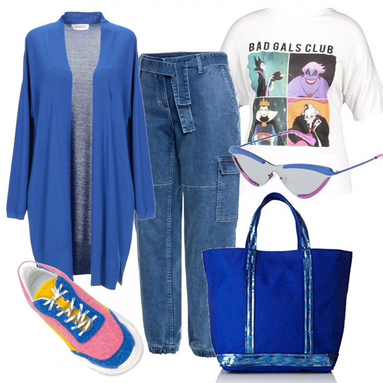 Outfit donna - Mi sento urban. Stile Urban per Tutti i giorni. Abbinamento con cardigans, occhiali da sole, shopping bag, t-shirt bianco, sneakers, borsa a mano.