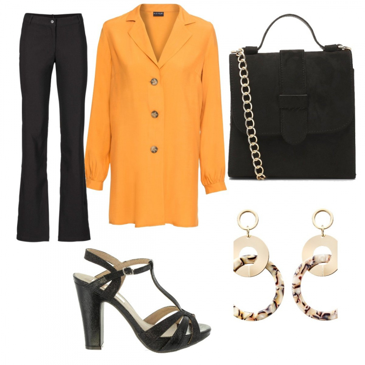 Outfit donna - Stile e chic. Stile Urban per Ufficio. look ideale per Tall. Abbinamento con pantaloni, camicia, orecchini, borsa tote, sandali.