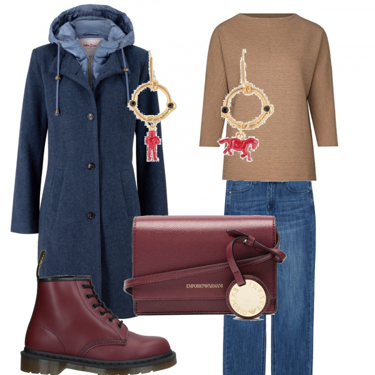 Outfit donna - Urban stile. Stile Urban per Tutti i giorni. Abbinamento con cappotti, stivaletti, orecchini con strass contrasto, borse a tracolla, t-shirt, jeans dritti.