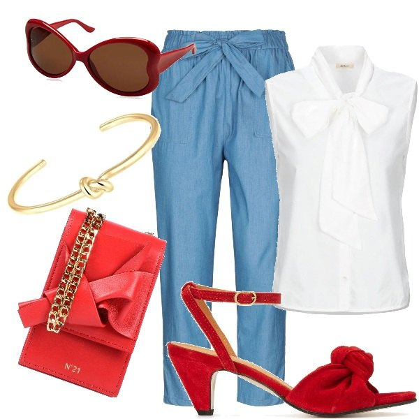 Outfit femme - Des nœuds partout. Style Tendance pour Tous les jours. Assortir avec pantalons longs, sandales, sabots, mules et tongs tendance, lunettes de soleil, tops et blouses, sacs à bandoulière et portés à l'épaule, bracelets.