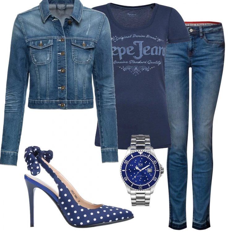 Outfit femme - Bleu Jean. Style Tendance pour Tous les jours. Assortir avec manteaux, t-shirts et polos, jeans, chaussures à talon, montres.