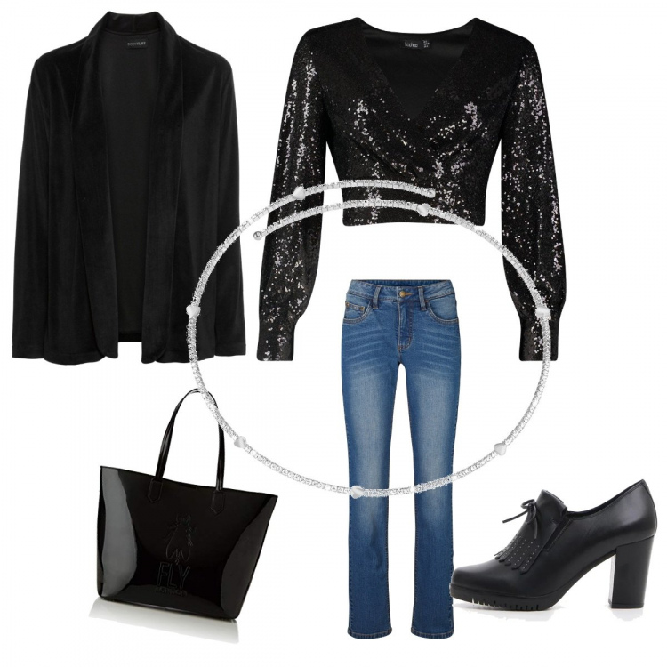Outfit donna - Lunedì brillante. Stile Rock per Ufficio. Abbinamento con jeans dritti, blazer, top, mocassini, collana girocollo, borse tote.