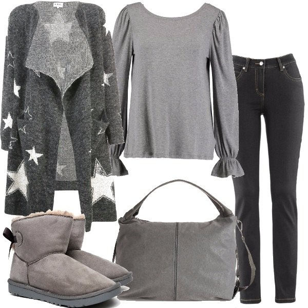Outfit donna - Grigio che passione. Stile Basic per Scuola/Università. Abbinamento con jeans slim fit, shopping bag.