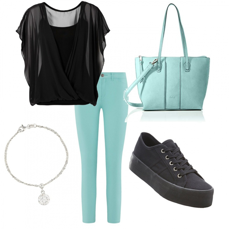 Outfit donna - Basic #4325. Stile Basic per Tutti i giorni. Abbinamento con sneakers, bluse, jeans slim fit aderente turchese, bracciale in argento 925, borse a spalla.