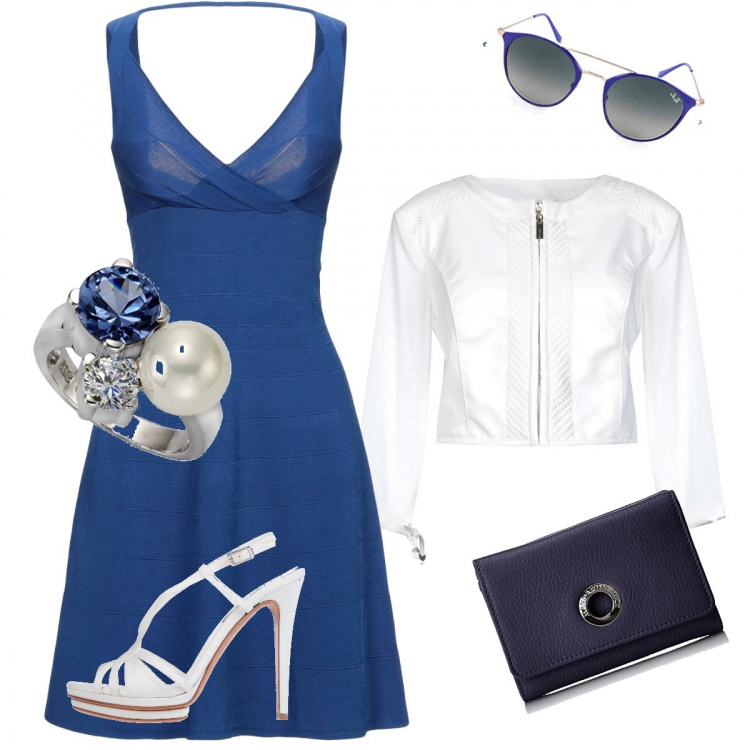 Outfit femme - En mode été bleu et blanc. Style Sexy pour Cérémonie. Assortir avec robes, bagues, porte-feuilles et porte-monnaie, vestes, blazers et manteaux, sandales, lunettes de soleil.