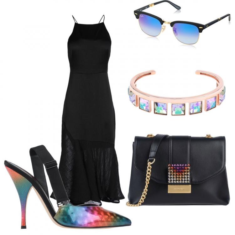 Outfit femme - Disco. Style Tendance pour Soirée dehors. Assortir avec robes, escarpins, sacs à bandoulière et portés à l'épaule, lunettes de soleil, bracelets.