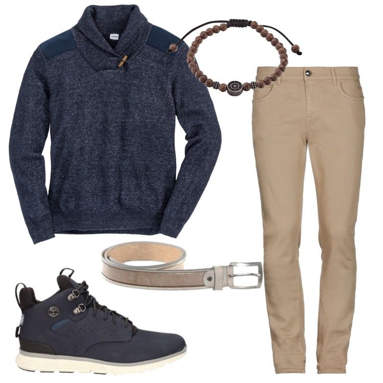 Outfit uomo - Urban #1446. Stile Urban per Tutti i giorni. Abbinamento con maglieria, jeans, stivali e stivaletti, cintura, bracciale.