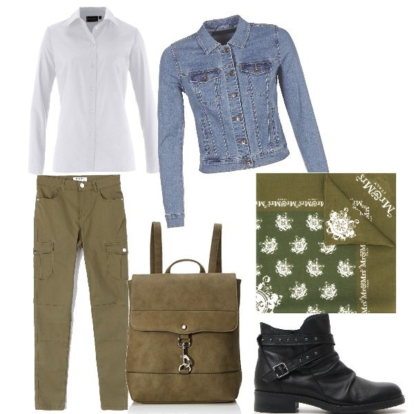 Outfit donna - Semplicità. Stile Urban per Tutti i giorni. Abbinamento con camicie, pantaloni, giacche, foulard, zaino, stivaletti.