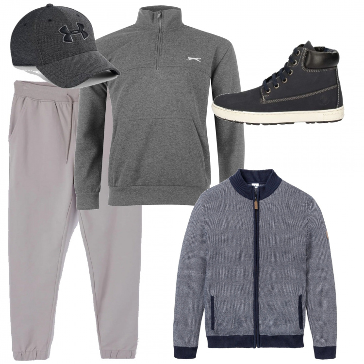 Outfit uomo - Al parco col cane. Stile Casual per Tutti i giorni. Abbinamento con cardigans, pantalone, cappelli e berretti grigio, stivali e stivaletti, felpe.