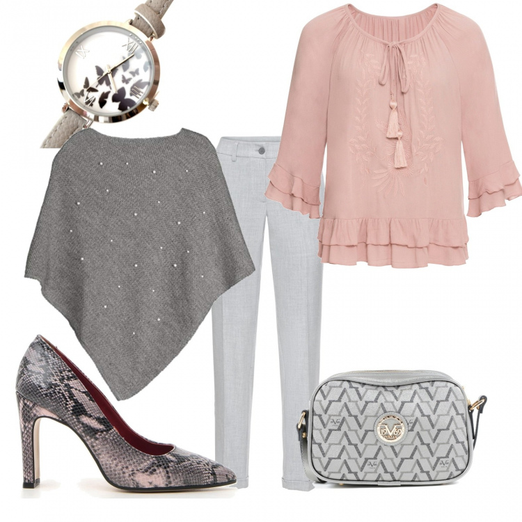 Outfit donna - Con la mantella. Stile Chic per Serata fuori. Abbinamento con tuniche, pantaloni, orologio analogico nero, cappotti, décolleté, clutch in pelle argento.