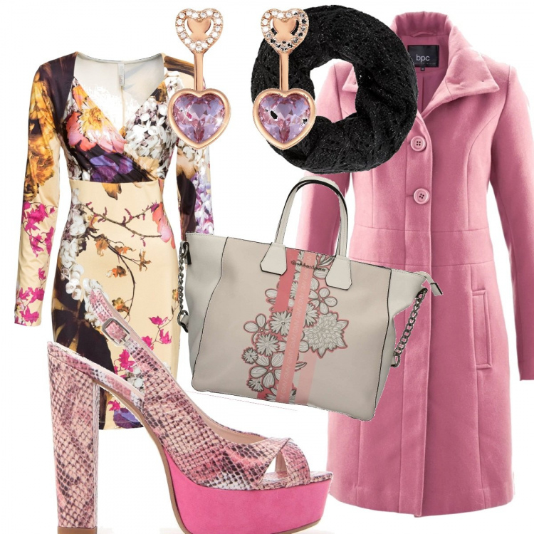 Outfit donna - Aspettando la primavera. Stile Trendy per Ufficio. Abbinamento con cappotti, maglione, shopping bag, décolleté, orecchini, sciarpe.