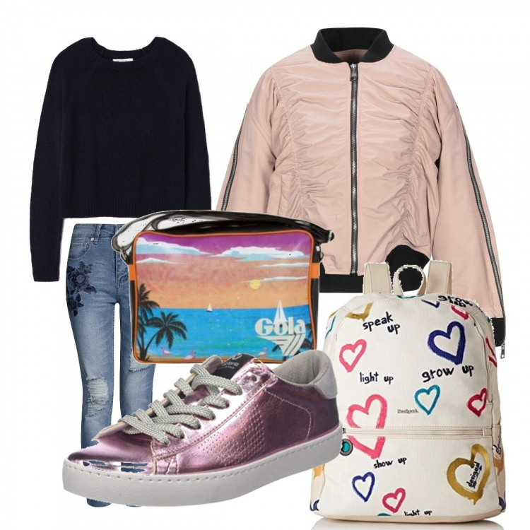 Outfit donna - Mi vesto bene con poco. Stile Urban per Tutti i giorni. Abbinamento con giubbotto con arricciature collo tondo a maniche lunghe con zip interno foderato in tessuto tecnico tinta unita, maglione, sneakers, jeans slim fit, borsa sportiva, zaini.