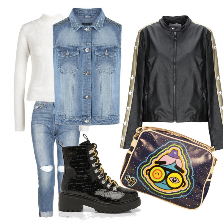 Outfit donna - Andiamo in fiera. Stile Rock per Tutti i giorni. Abbinamento con jeans effetto strappato delavé con zip tinta unita, giubbotto, pullover petite a coste collo a dolcevita bianco, stivaletti, gilet, borse sportive.