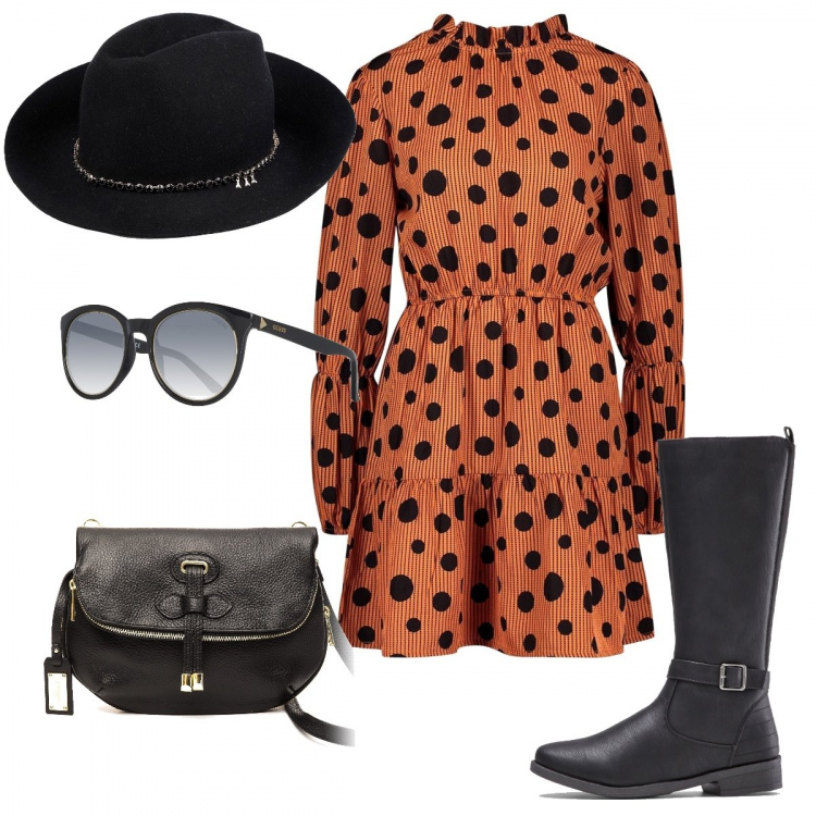 Outfit donna - A pois. Stile Trendy per Tutti i giorni. Abbinamento con stivali, cappello, vestito, occhiali da sole nero, borsa.