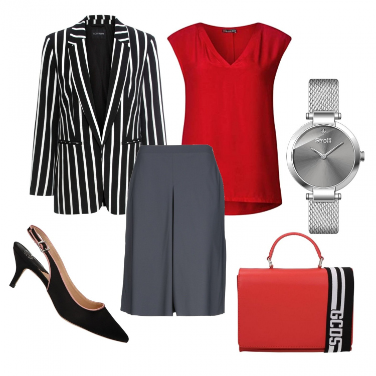 Outfit donna - Red passion. Stile Urban Abbinamento con blazer, gonna longuette, borse a mano, canottiera rosso, scarpe col tacco, orologio con cinturino argento.