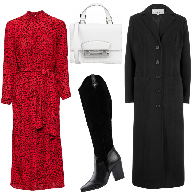 Outfit donna - Un bel vestito animalier. Stile Rock per Ufficio. Abbinamento con cappotti, vestito chemisier, stivali, borsa a tracolla.