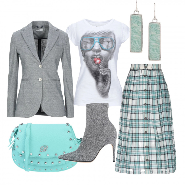 Outfit donna - Turchese e grigio. Stile Trendy per Tutti i giorni. Abbinamento con stivaletti, gonne longuette, t-shirt senza tasche con stampa collo tondo a maniche corte in cotone jersey, orecchini, giacca, borse a spalla.