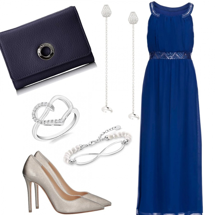 Outfit femme - Mariage. Style Chic pour Cérémonie. Assortir avec robes longues, escarpins, boucles d'oreilles, bracelets, porte-feuilles et porte-monnaie, bagues.