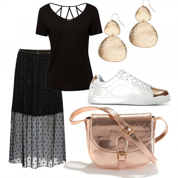 Outfit femme - Festival. Style Tendance pour Soirée dehors. Assortir avec jupes, sneakers, colliers et pendantifs, tops et blouses, sacs à bandoulière et portés à l'épaule.
