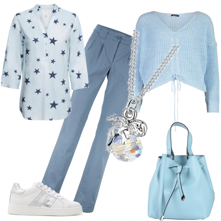Outfit donna - Easy weekend. Stile Basic per Tutti i giorni. Abbinamento con pantaloni chino, tuniche, borsa a mano mini con manico e coulisse interno foderato in pelle tinta unita, pullover azzurro, sneakers, collana.