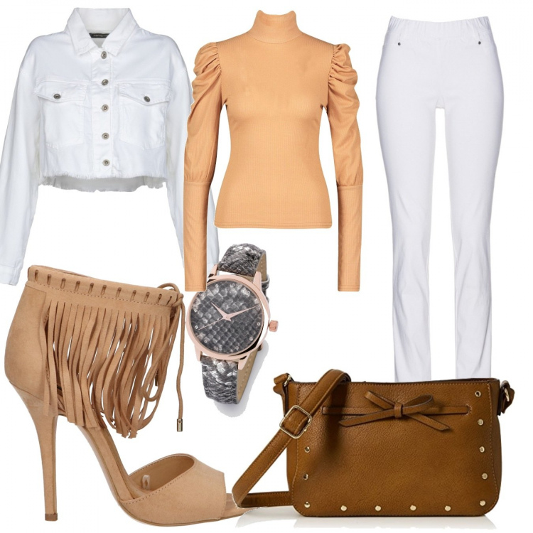 Outfit donna - Trendy #7929. Stile Trendy per Serata fuori. Abbinamento con pantaloni, orologio fantasia beige, giubbotto, top, sandali in pelle, borse a spalla.