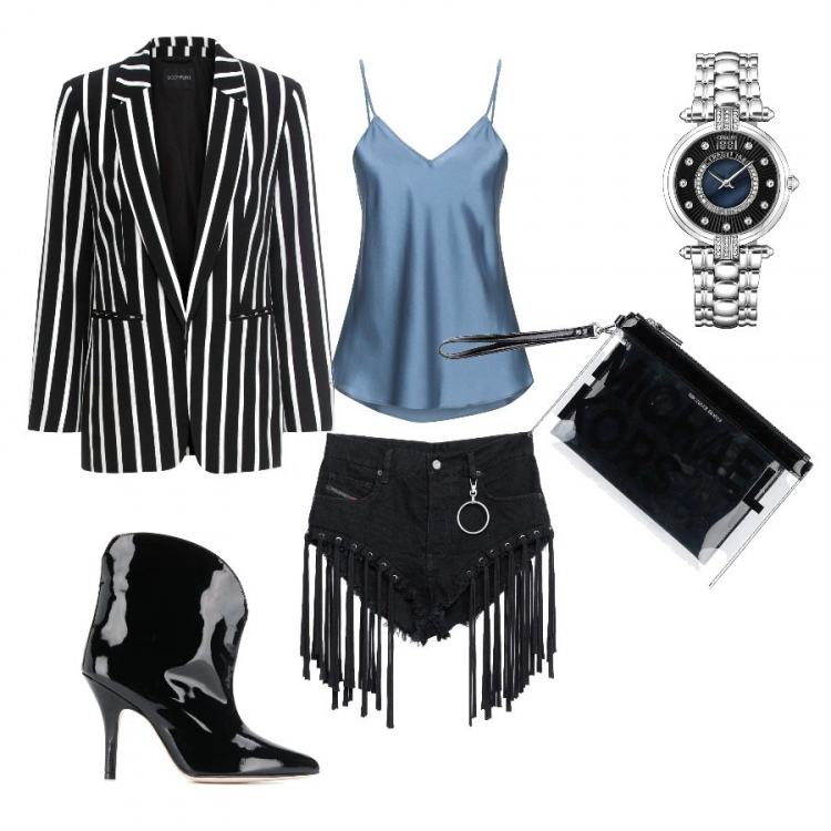 Outfit donna - Alessia Marcuzzi Inspo!. Stile Trendy per Serata fuori. Abbinamento con blazer, canotta intima, shorts, pochette, stivaletti effetto lucido senza lacci nero, orologio.