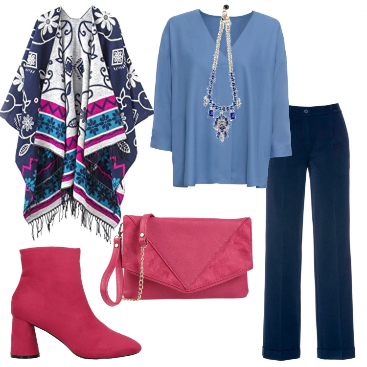 Outfit donna - Pranzo fuori #Curvy. Stile Trendy per Tutti i giorni. Abbinamento con borsa a mano, stivaletti effetto scamosciato con tacco geometrico e zip interno foderato con punta tonda tinta unita, pantaloni, tuniche, collane, poncio.