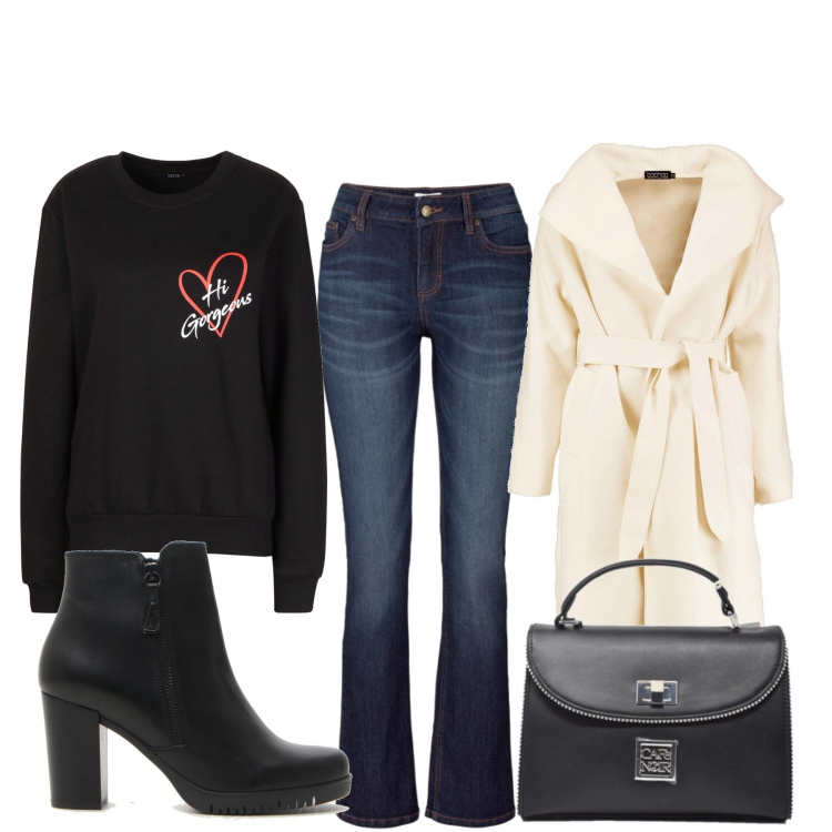 Outfit donna - Al mattino con jeans a zampa. Stile Urban per Tutti i giorni. Abbinamento con jeans bootcut, cappotto, felpa petite con stampa, catena cartella con sfere nero, stivaletti.