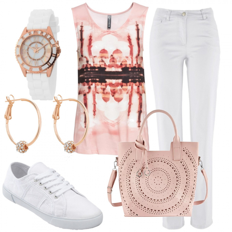 Outfit donna - Rosa pastello. Stile Trendy per Scuola/Università. Abbinamento con pantaloni, borse a mano, cardigans, sneakers, orecchini con strass, orologi.