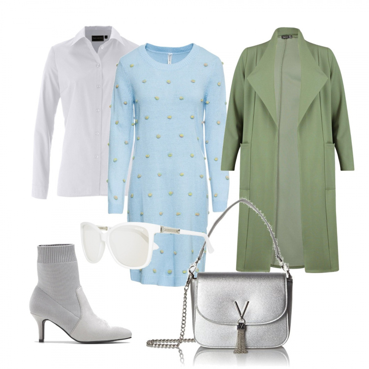 Outfit donna - Accessori silver. Stile Trendy per Tutti i giorni. Abbinamento con camicie, vestito in in maglia blu, stivaletti in in maglia grigio, cappotto wrap verde, borse a tracolla, occhiali da sole.