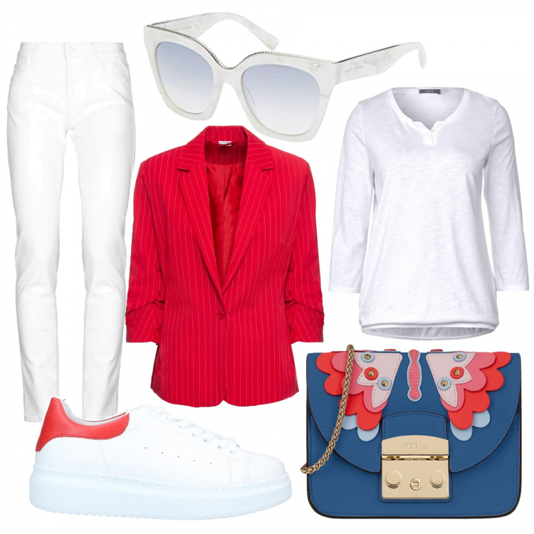 Outfit femme - Classy Relax. Style Urban pour Tous les jours. Assortir avec vestes, blazers et manteaux, sacs à bandoulière et portés à l'épaule, t-shirts et polos, sneakers, jeans, lunettes de soleil et montures pour lunettes de vue.