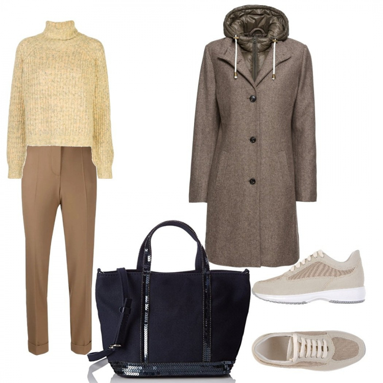 Outfit donna - Urban, ultime lezioni prima della tesi. Stile Urban per Scuola/Università. Abbinamento con cappotti, sneakers, maglione collo alto a maniche lunghe giallo, pantalone a sigaretta vita alta con zip marrone, borse tote.