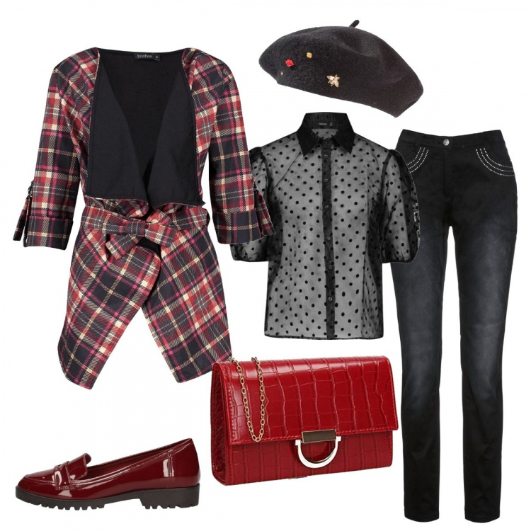 Outfit donna - La giacca particolare. Stile Trendy per Tutti i giorni. Abbinamento con cappelli e berretti, pantalone lungo, giacca scollo a cascata, camicia, scarpe rosso, pochette.