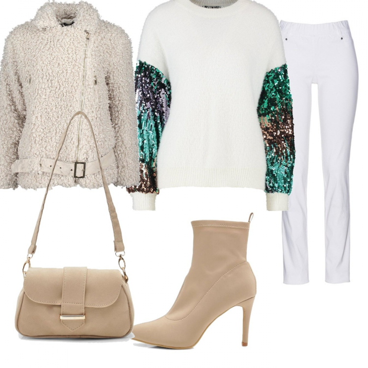 Outfit donna - Trendy #8374. Stile Trendy per Tutti i giorni. Abbinamento con pantaloni, maglione bianco, giacca da aviatore, stivaletti, borse a spalla.